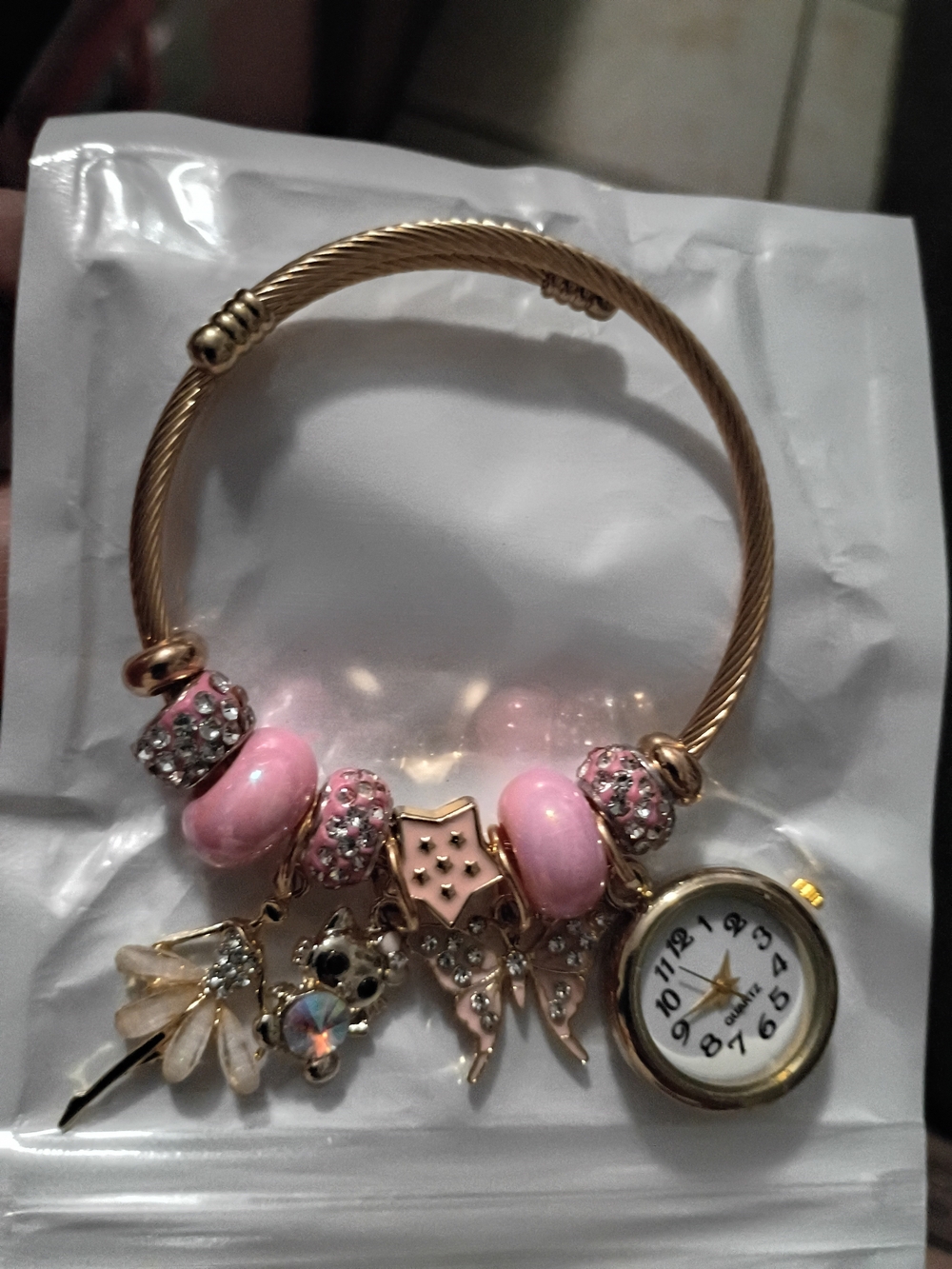 Gold-Tone Charm Bracelet Watch with Pink Beads